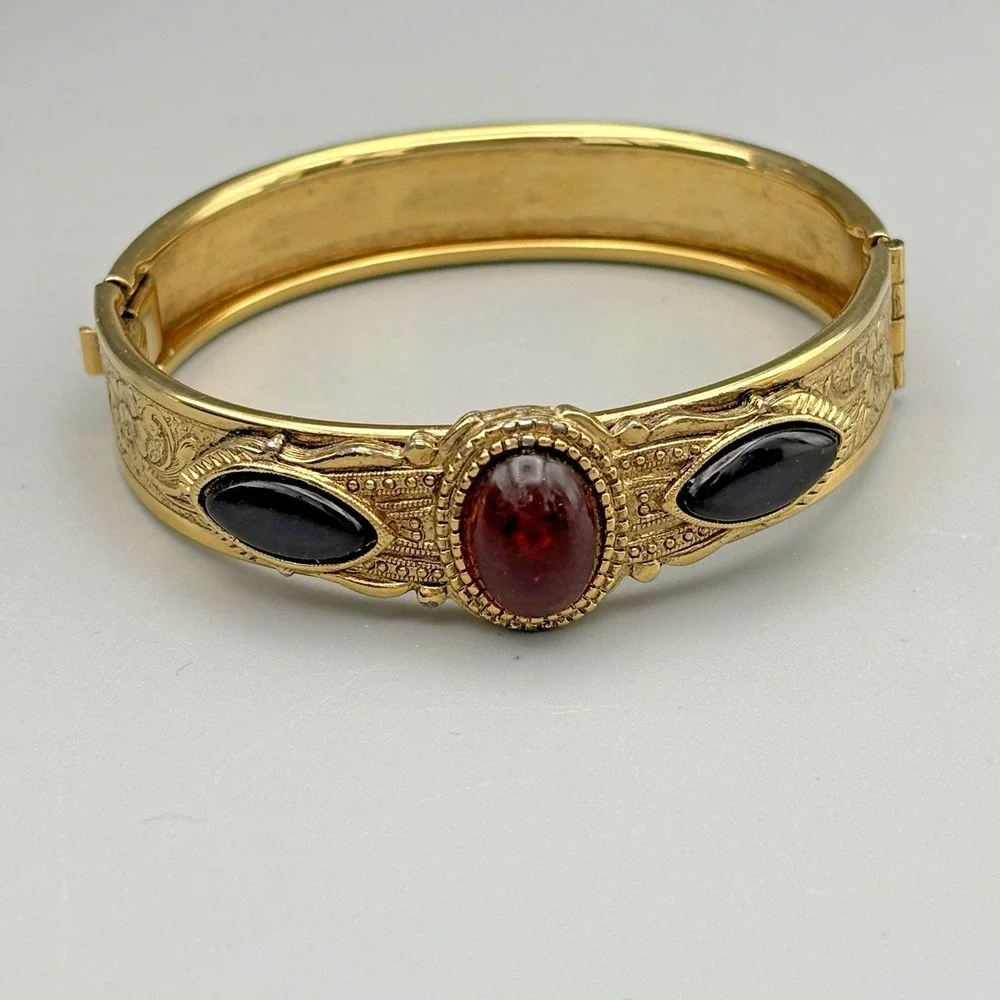 Vintage Victorian Revival Goldtone Bangle Red and Black Glass Etruscan